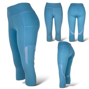 Yoga Athletic Capri Length Leggings Side Pockets Womens Aqua blue